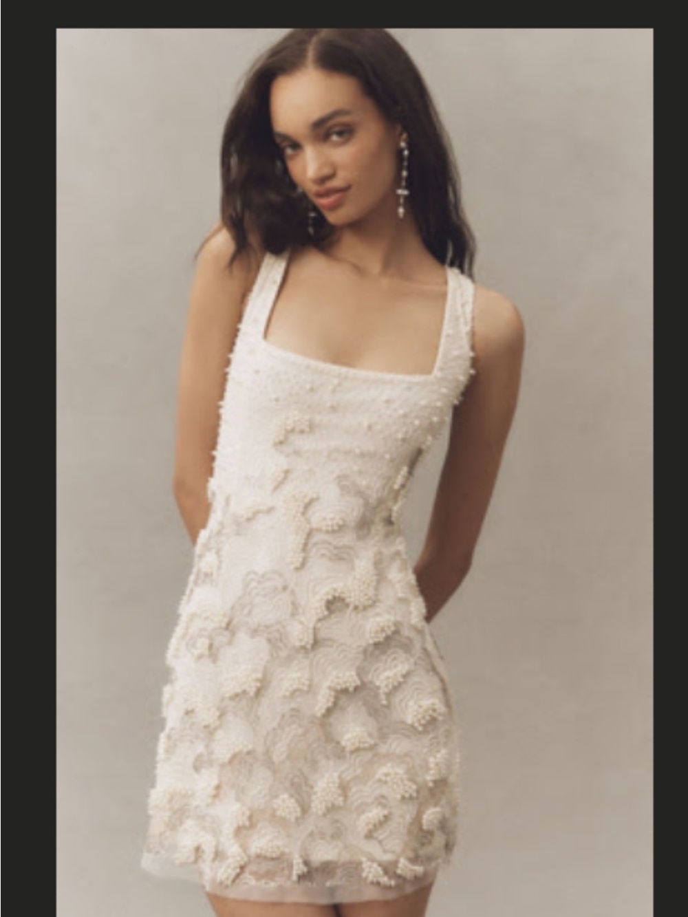 Anthropologie Pearl-Embellished Ivory Square-Neck Mini Dress
